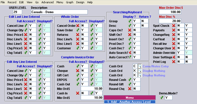 POS User Options Configuration