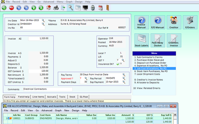 Creditor's Invoice allocated directly to the Job